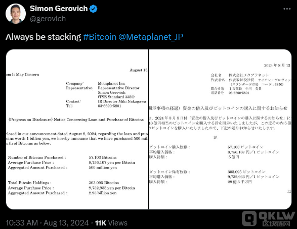 日本Metaplanet公司再購(gòu)5億日元Bitcoin，總持倉(cāng) 圖片